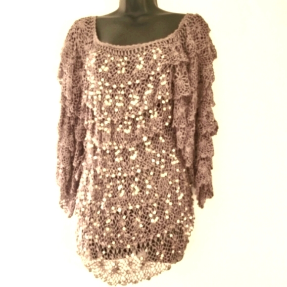 Boston Proper Tops - Boston Proper Salsa Crocheted Top. Sequined Ruffles, Pullover Stretch Size M/L